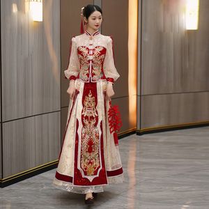 Lüks Şampanya Xiuhe Suit Çin Trendi Gelinlik Göster Kalitesi Doğu Asya Gelin Elbise Modern Geliştirilmiş Geleneksel Giyim