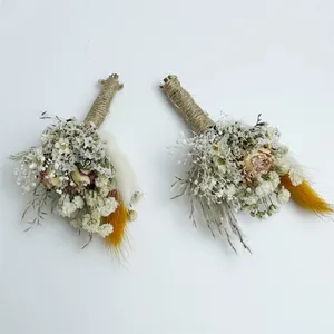 Dekoratif çiçekler kuru çiçek mini buket erkekler damat ve adam boutonniere düğün töreni yıldönümü vaftiz dekorasyon 3pcs