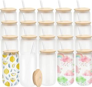 US-CA-Lager!!! Versand in 24 Stunden 16 Unzen Sublimation Milchglas Tassen Tassenrohlinge mit Bambusdeckel Klare Bierdose Gläser Becher Einmachglas Plastikstroh NEU GG1019
