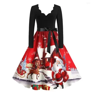 Kadınlar İçin Günlük Elbiseler 2023 Eğlenceli Noel Noel Baba Ağacı Kar Tanesi Elk Baskı Sundresses Uzun Kollu Bownot Noel Partisi Elbise