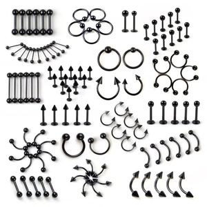 Stud 95pcs Mix Vücut Piercing Takı Lot Paslanmaz Çelik Burun Kulak Göbek Dil Dil Halkası Esir Boncuk Kaş Çubuğu Piercing Takı 231020