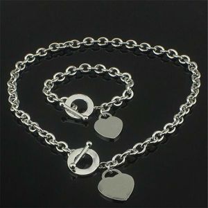 Christmas Gift Silver Love Necklace Bracelet Set Wedding Statement Jewelry Heart Pendant Necklaces Bangle Sets 2 in 1246F