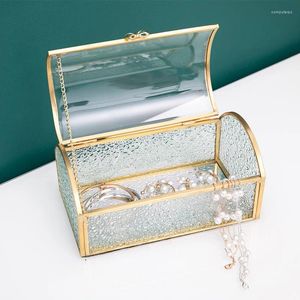 Bolsas de jóias Caixa de tesouro caixa de vidro organizador lembrança de ouro para armazenamento anel brinco pequeno trinket decora