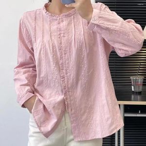 Женские блузки, синий, розовый топ с вышивкой, женская осенне-зимняя корейская блузка Y2k в стиле бохо, хлопковые кружевные рубашки с длинными рукавами, женские