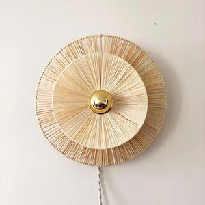 Настенный светильник из японского ротанга, антикварный соломенный светодиодный светильник ручной работы для гостиной, декоративный коридор, спальня, прикроватная тумбочка
