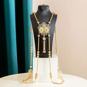 Stud Luxury Fas Gelin Vücut Takı Altın Renk Düğün Dönüş Kristal Omuz Zinciri Takı Kaftan Uzun Kolye 231020