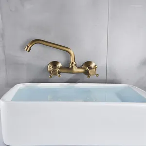 Mutfak muslukları vidric duvara monte banyo musluğu çift sap pirinç antika ve soğuk su musluk 360 döner uzun spout mikseri