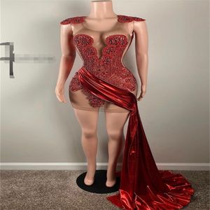 Lüks kırmızı elmas gece elbise tren fikri siyah kız balo elbisesi 2024 boncuklu sıcak doğum günü kokteyl oyma parti kıyafeti seksi aso ebi resmi fırsat elbise