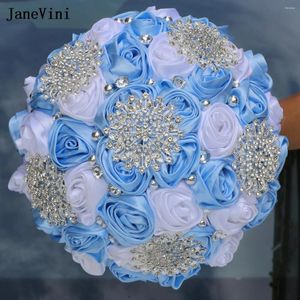 Düğün Çiçekleri Janevini Büyüleyici Açık Mavi Beyaz Şerit Gelin Buketleri Gümüş Rhinestone Yapay Saten Roses Buket