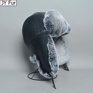 Beanie/Kafatası Kapakları Kış Rusça Erkek Kadın Topçuk Doğal Rex Tavşan Kürk Şapkaları Lüks Gerçek Koyun Deri Deri UNISEX Gerçek Kürk Bombacı Şapkası 231020