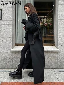 Kadın yün harmanları siyah vintage yaka yaka kadınlar taban uzunluğu uzun kollu büyük boy gevşek zarif palto sonbahar şık yüksek sokak kıyafeti 231021