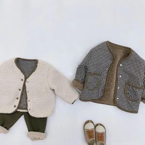 Jaquetas estilo coreano outono e inverno jaqueta quente crianças dois lados usam xadrez de pelúcia crianças outwear