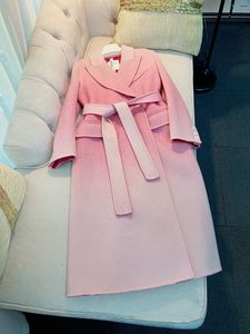 Осень 2023 года, розовый градиент цвета, шерстяная верхняя одежда с поясом, пальто с длинными рукавами и пуговицами с зубчатыми лацканами, двубортная длинная верхняя одежда, пальто A3O118666