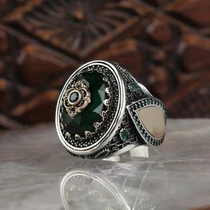 Bant Halkaları Vintage El Oyulmuş Desen Türk Signet Yüzüğü Erkekler Moda Seti Yeşil Taş Mühür İslami Mücevher Mücevher 231021