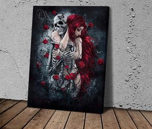 Leinwanddruck, Wandkunst, Gemälde, Kunstbild, gotische rothaarige Frau mit Totenkopf-Skelett, für Wohnzimmer, Heimdekoration, 7065686