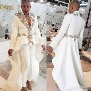 Modern Kadın Balo Elbiseleri Altın Dantel Aplikler 2 Parçalar Gelin Pantolonların Annesi Uzun Kollu Derin V Yastık Özel Durumu Akşam resmi Giyim