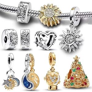 925 Gümüş Fit Pandora Charms Bilezik Boncuklar Cazibesi Orijinal Bölünmüş Güneş ve Ay Dungle