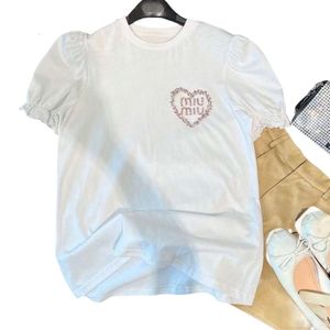 Miumius T-Shirt Tasarımcı Lüks Moda Kadın T-Shirt Yaz Yeni Ürün Pembe Kristal Elmas Mektup Dekorasyon Kabarcık Yüksek Bel İş Şort