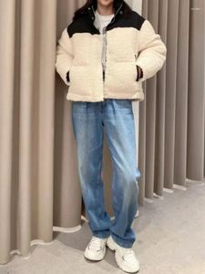 Kadın Ceketleri Kadın Renk Patchwork Sıcak Hoodies Ceket 2023 Kış Bayanlar Uzun Kollu Fermuarı Berber Polar Palto Yurtlenek Cep