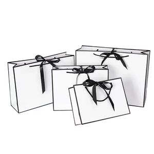 Креативный дизайн, большой белый крафт-бумажный пакет с черной каймой и ручкой, бумажный подарочный пакет с бантом для свадебной вечеринки