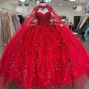 Красные блестящие платья Princess Quinceanera с мысом ручной работы с цветочным аппликацией шнурки корсет vestidos de 15 anos
