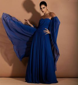 Vintage Uzun Mavi Tatlım Balo Elbiseleri Cape A-Line Şifon Zemin Uzunluk Pileler Resmi Parti Gece Elbise Cüppeler De Soiree Kadınlar İçin