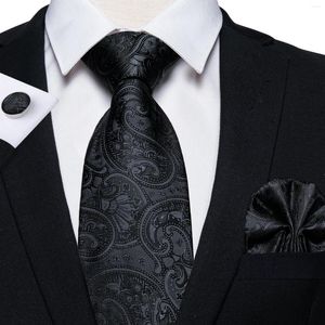 Bow Ties Lüks Koyu Gri Siyah İpek Erkekler İçin Düğün Aksesuarları Erkek Boyun Kravat Mendil Kufflinks Hediye Kutusu Set Toptan