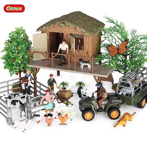 Dekoratif Nesneler Figürinler Oenux Farm House Model Aksiyon Figürleri Çiftçi Motosiklet İnek Hen Domuz Hayvanları Set Figürin Minyatür PVC Sevimli Çocuk Oyuncak 231023