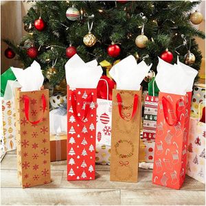 Noel Süslemeleri Şarap Hediye Çantaları Kağıt Kağıtlı Kırmızı Kahverengi 4.5 x 15.5 3.5 Damla Teslimat AMQCR