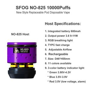 SFOG Orijinal Değiştirilebilir Pod Tek Kullanımlık E Sigara Pil No-825 Ana Bilgisayar 600mAh Dahili Pil Şarj Edilebilir Ayarlanabilir Hava Akışı 3 RGB RGB Gösterge Buhar Kalemi