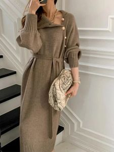 Temel Sıradan Elbiseler Vintage Beltlenek Düğmeleri Kadın Uzun Kollu Kazak Kış Kış Gevşek Triko Sıcak Kadınlar Örgü 231024