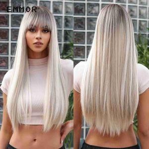 Sentetik peruklar emmor uzun platin sarışın beyaz peruk kadınlar için patlama ile doğal düz cosplay perukları ısıya dayanıklı fiber sentetik saçlı231024