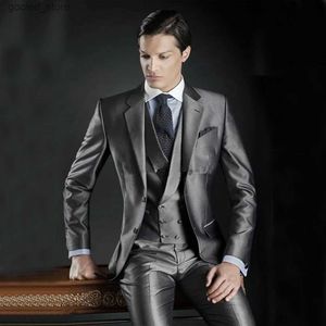 Erkek Suit Blazers Saten En Son Ceket Pantolon Tasarımları Gri Bekar Göğüslü Saten Erkekler 2023 Ceket Damat İnce Fit Tuxedo 3 Parça Erkekler Q231025