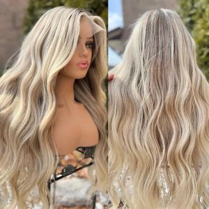 Выделите блондинку полный парик фронта шнурка бразильские волнистые человеческие волосы парики предварительно сорванные 13x4 прозрачный HD парик шнурка синтетический для женщин