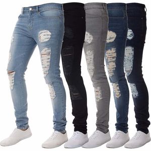 Calça jeans masculina skinny casual, calça jeans para motociclista com buracos nos joelhos, calça hiphop lavada, slim pencel jeans branqueada