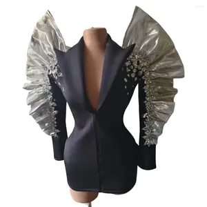 Sahne Giyim Siyah Blazer Tasarım Parlak Rhinestone Kadın Performans Elbisesi DJ Gece Kulübü Bar Drag Queen Kostüm