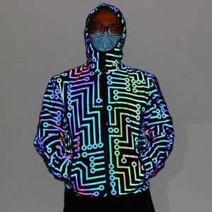 Мужские куртки ночной клуб танцор схема геометрический рисунок цвета радуги светоотражающая куртка мужчины женщины хип-хоп механический танец пальто с капюшоном YQ231025