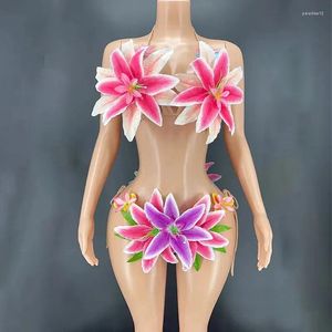 Sahne Giyim Seksi renkli büyük çiçekler şeffaf bikini elbise kadın dansçı gösterisi streç kostüm kıyafeti akşam balo parti