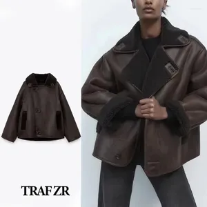 Women's Leather ZR Winter Coat For Women Thick Faux Fur Sheepskin Lapel Zipper Pu Jacket Lady Warm Motorcycle Jackets