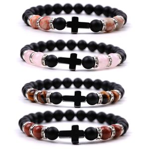 8mm mattierte Perlen Naturstein Rosenquarz Tigerauge Kreuz Armband Männer Frauen Yoga Heilung Balance Armband