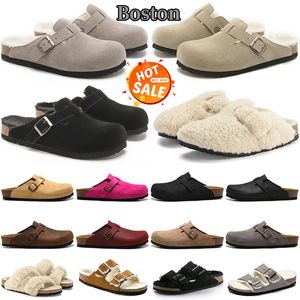 Sandalet Boston Clogs Sandal Tasarımcı Kürk İzleyiciler Arizona Erkek Kadınlar Slaytlar Siyah Beyaz Süet Deri Süpe Strap Platform Spor Kabar Slaytları Falt Slaytlar