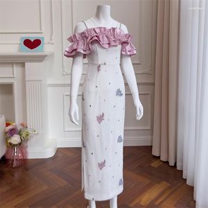Casual Dresses Fashion Summer Women Dress White Mid Length Slash Neck Sequin Evening Cocktail Party Long Elegant Stage Costumes