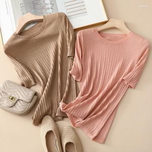 Women's Sweaters Women's Summer Worsted Pure Wool Sweater Women Round Neck Twist Thin Section Slim Short-sleeved Knitted Top
