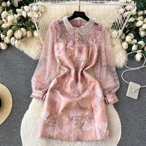 Casual Dresses Sweet Autumn Pink Beading Doll Collar Dress High Quality Women Embroidery Mesh Ruffles Patchwork Flower Print Ladies Party