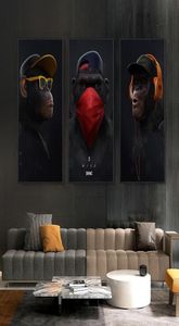 3 Panels Denkender Affe mit Kopfhörer Leinwand Ölgemälde Wandkunst Lustige Tierposter Drucke Wandbilder für Wohnzimmer Hom5676567