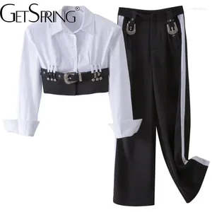 Women's Pants Women Shirt Pant Sets 2023 Spring Color Matching Belt Short Blouse High Waist Loose Long Wide Leg Two Piece