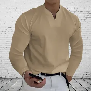 Camiseta masculina roupas de manga longa casual básico cor sólida com decote em v roupas confortáveis trabalho topos vintage camisa de grandes dimensões