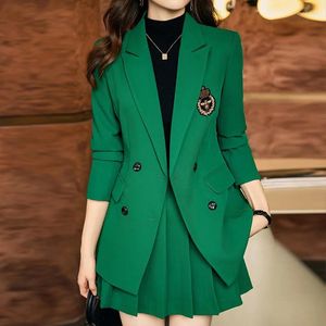 Two Piece Dress Shawl Collar Green Long-sleeved Suit Fashionable High-waist Temperament Skirt Suits Autumn Elegant Sets For Women 2 Pieces