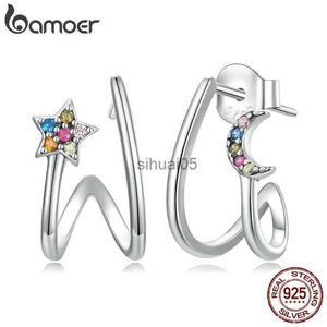 Stud BAMOER 925 Sterling Silver Colorful Zircons Earrings Double-layer Star Moon Ear Trend Fashion Jewelry Gift for Women YQ231026