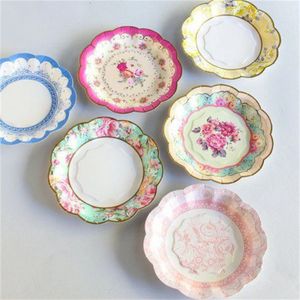 Yemek tabakları 8pcs 7inch ikindi çayı vintage çiçek kağıt konuşma masaları doğum günü partisi düğün dekorasyonu için tek kullanımlık sofra takımları 231026